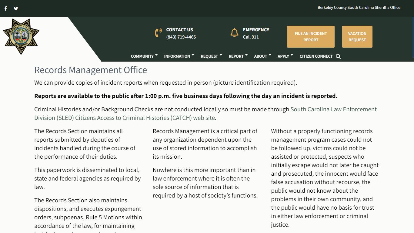 Records Management Office – Berkeley County Sheriff's Office